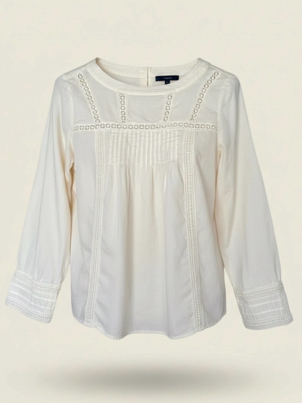 GAP Ecru Cotton Blouse | Pin Tuck Crochet Lace | Boho | Cottagecore